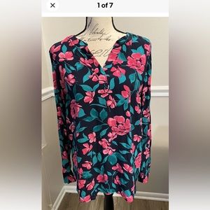 Talbots Blue Pink Rayon Floral V Neck Long Sleeve Blouse Size small